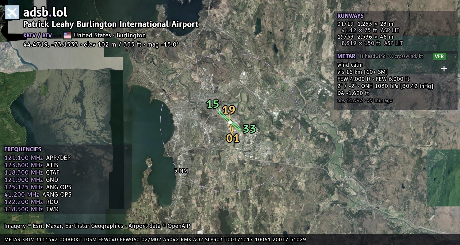 Satellite map with the runway layout of Patrick Leahy Burlington International Airport (KBTV)