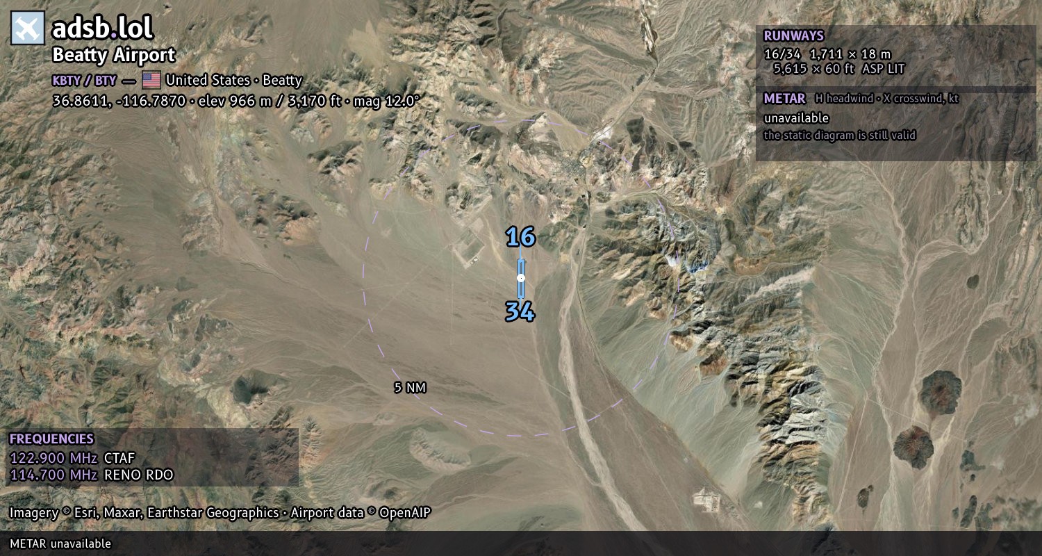 Satellite map with the runway layout of Beatty Airport (KBTY)