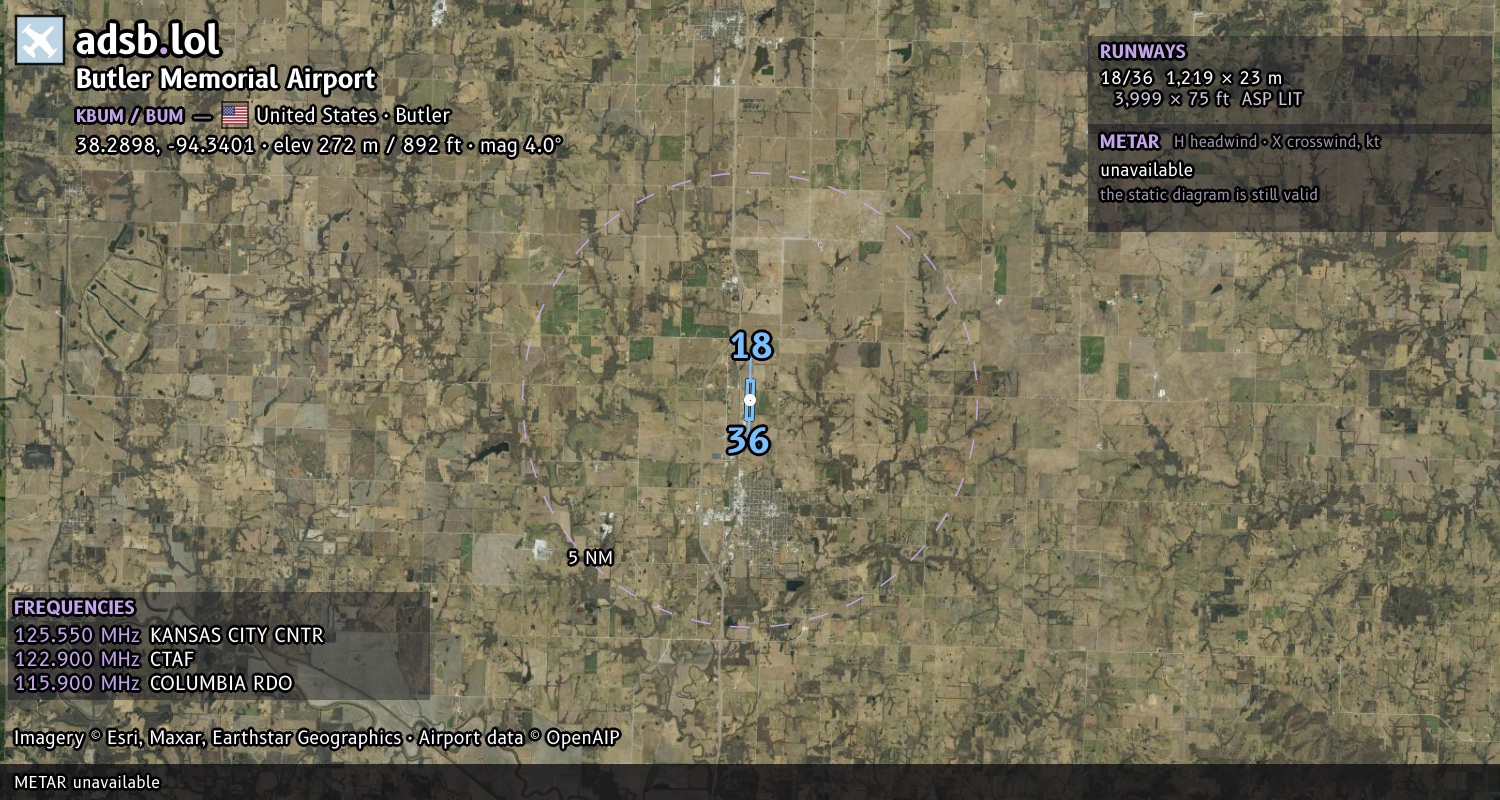 Satellite map with the runway layout of Butler Memorial Airport (KBUM)