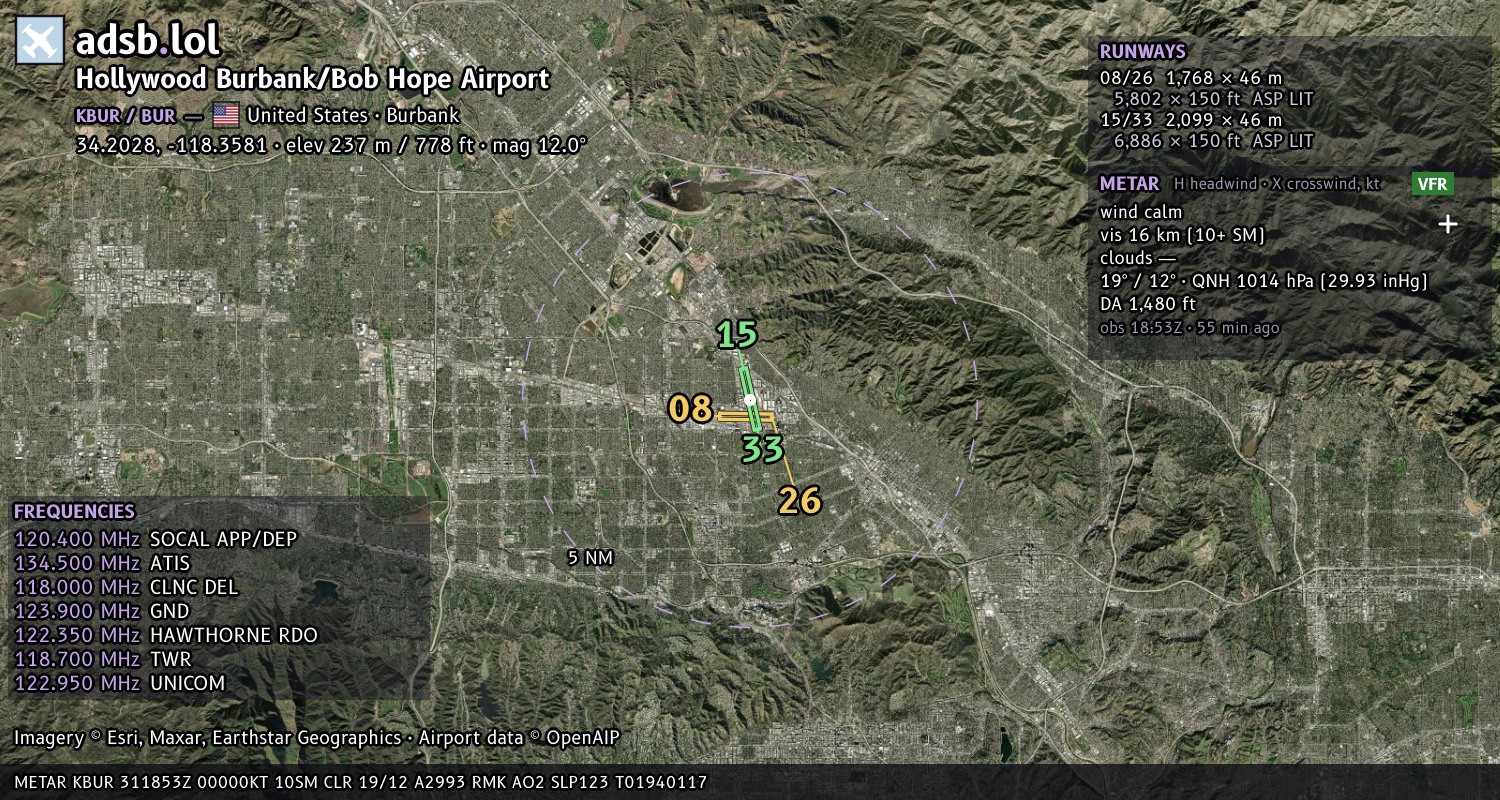 Satellite map with the runway layout of Hollywood Burbank/Bob Hope Airport (KBUR)