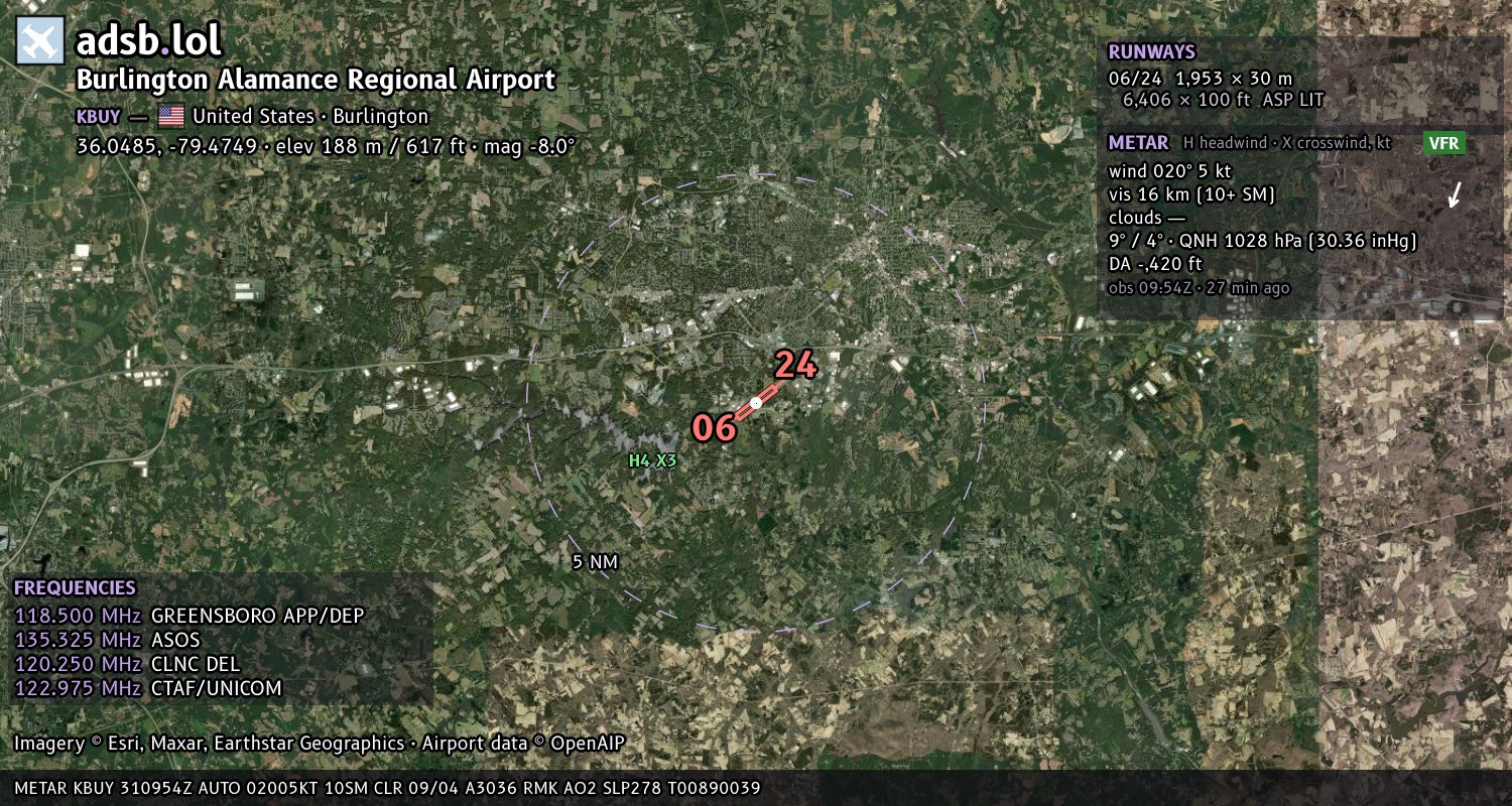 Satellite map with the runway layout of Burlington Alamance Regional Airport (KBUY)
