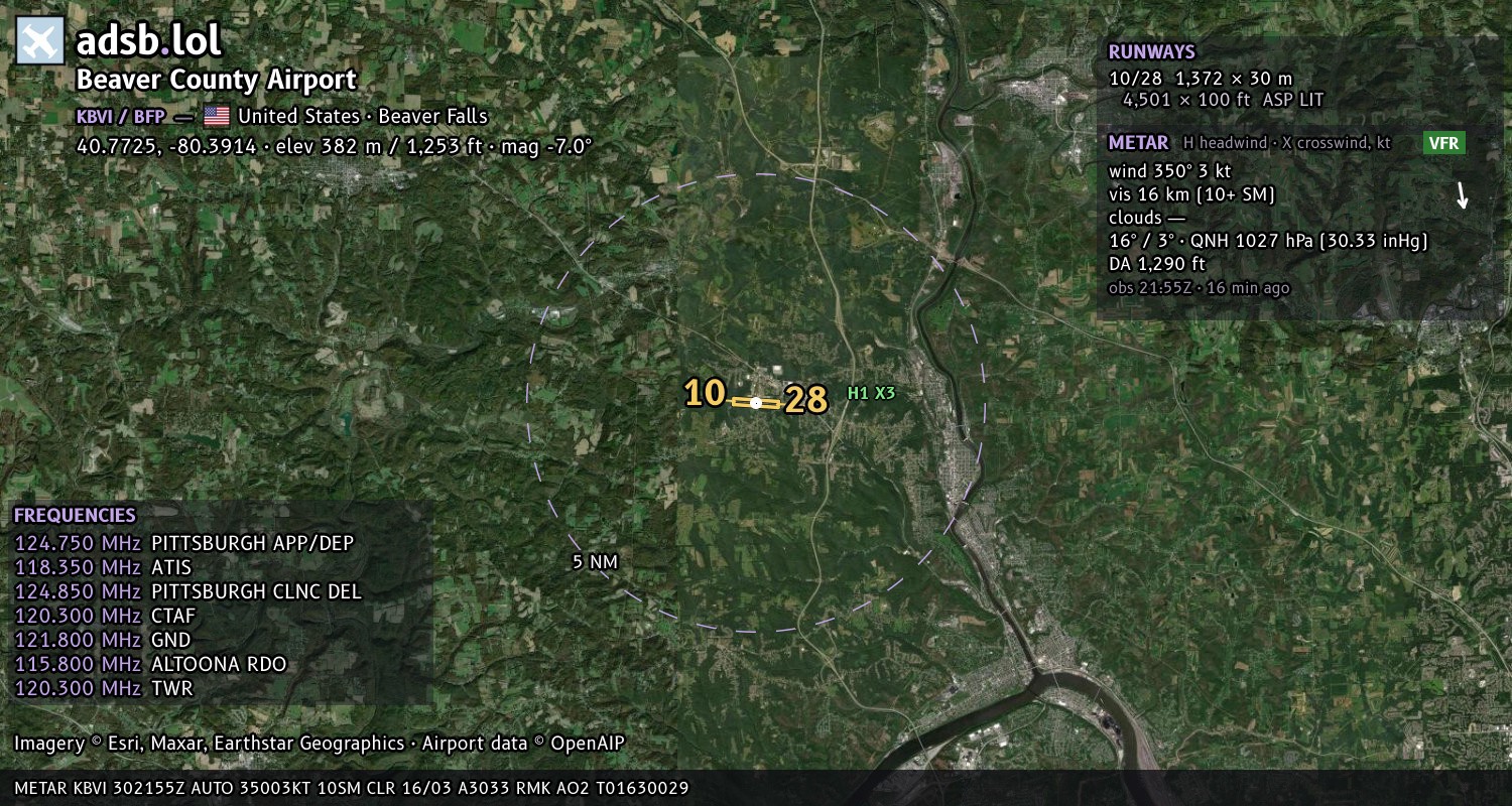 Satellite map with the runway layout of Beaver County Airport (KBVI)