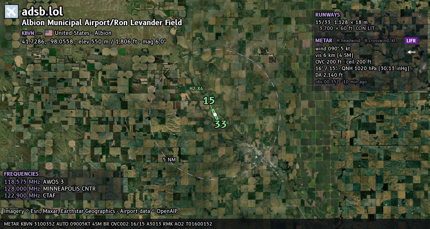 Satellite map with the runway layout of Albion Municipal Airport/Ron Levander Field (KBVN)