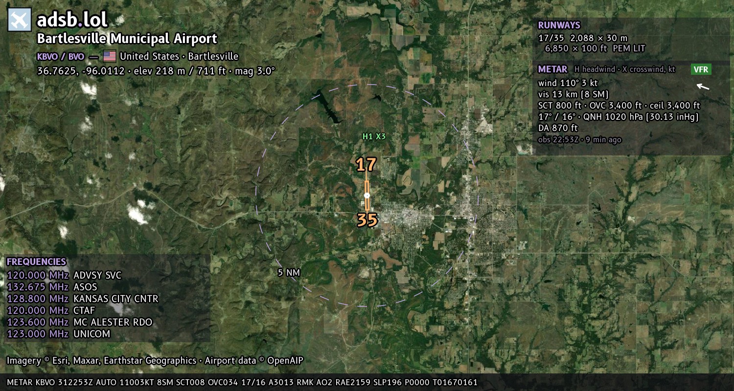 Satellite map with the runway layout of Bartlesville Municipal Airport (KBVO)