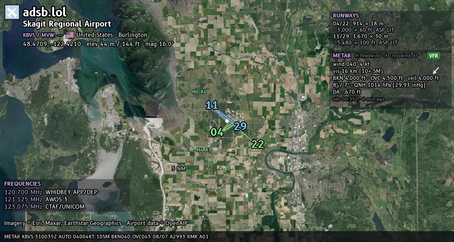 Satellite map with the runway layout of Skagit Regional Airport (KBVS)