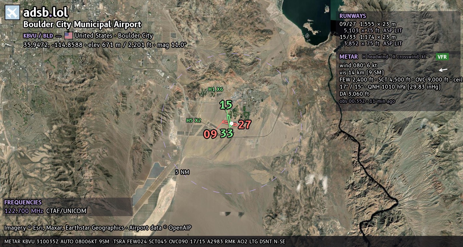 Satellite map with the runway layout of Boulder City Municipal Airport (KBVU)