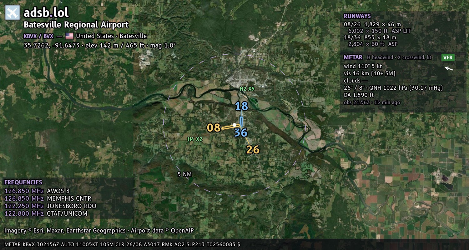 Satellite map with the runway layout of Batesville Regional Airport (KBVX)