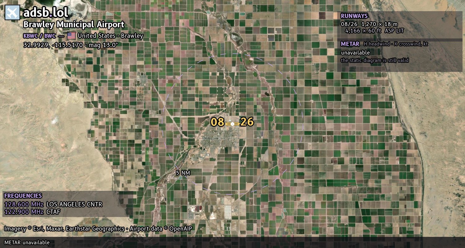 Satellite map with the runway layout of Brawley Municipal Airport (KBWC)