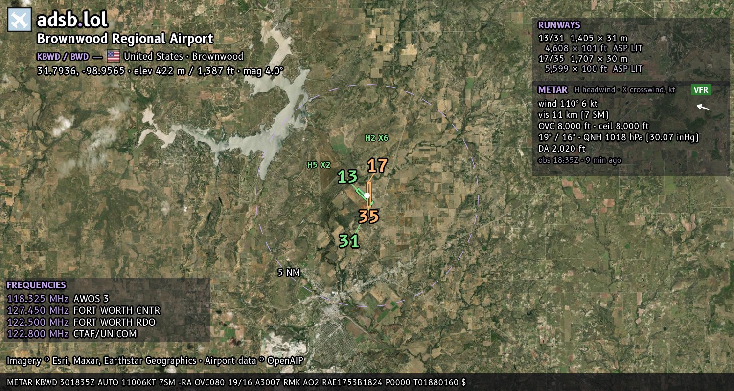 Satellite map with the runway layout of Brownwood Regional Airport (KBWD)