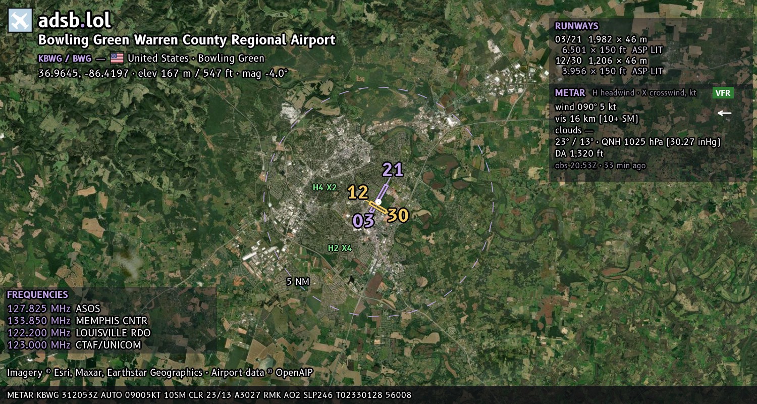 Satellite map with the runway layout of Bowling Green Warren County Regional Airport (KBWG)