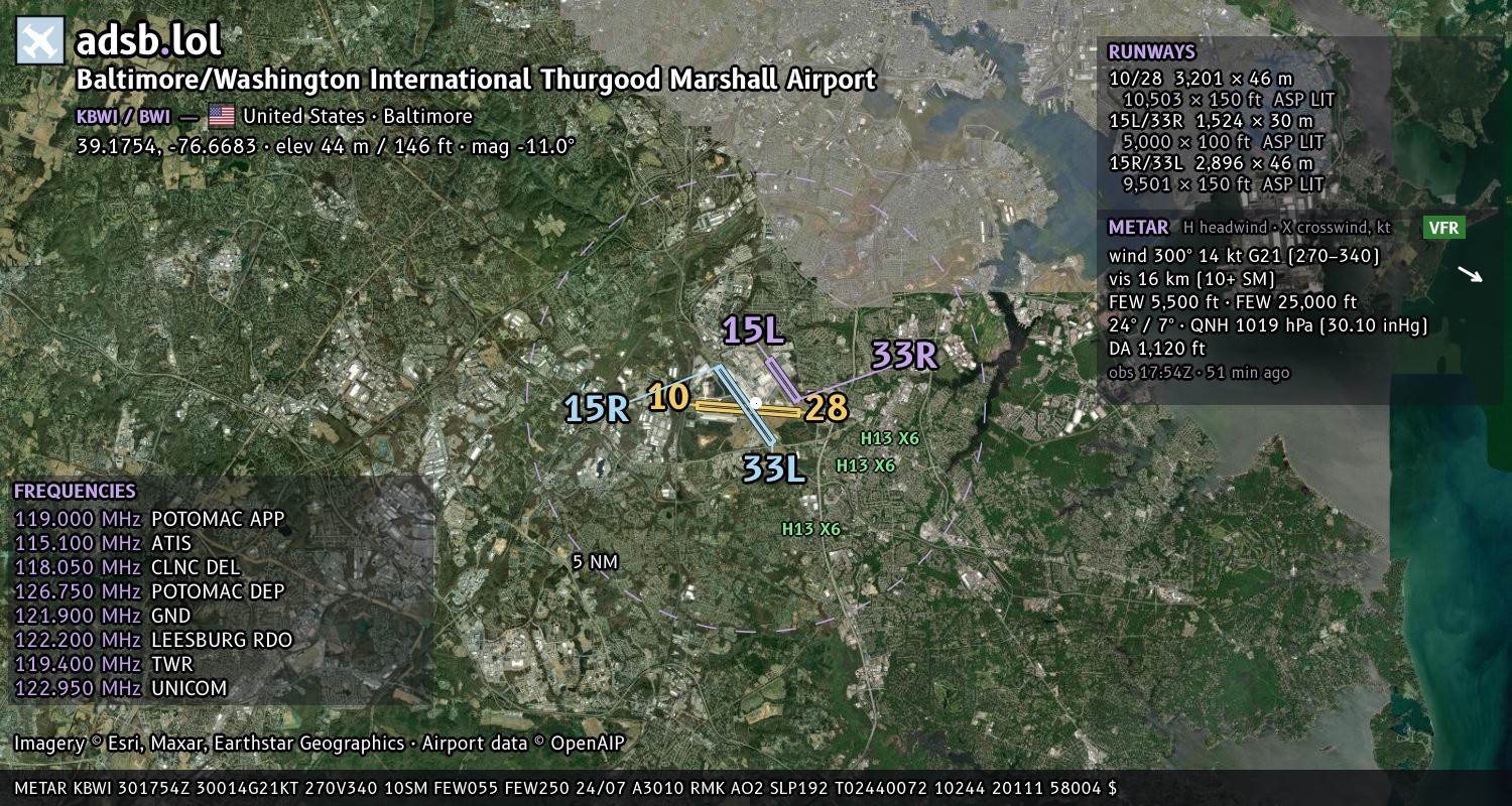 Satellite map with the runway layout of Baltimore/Washington International Thurgood Marshall Airport (KBWI)