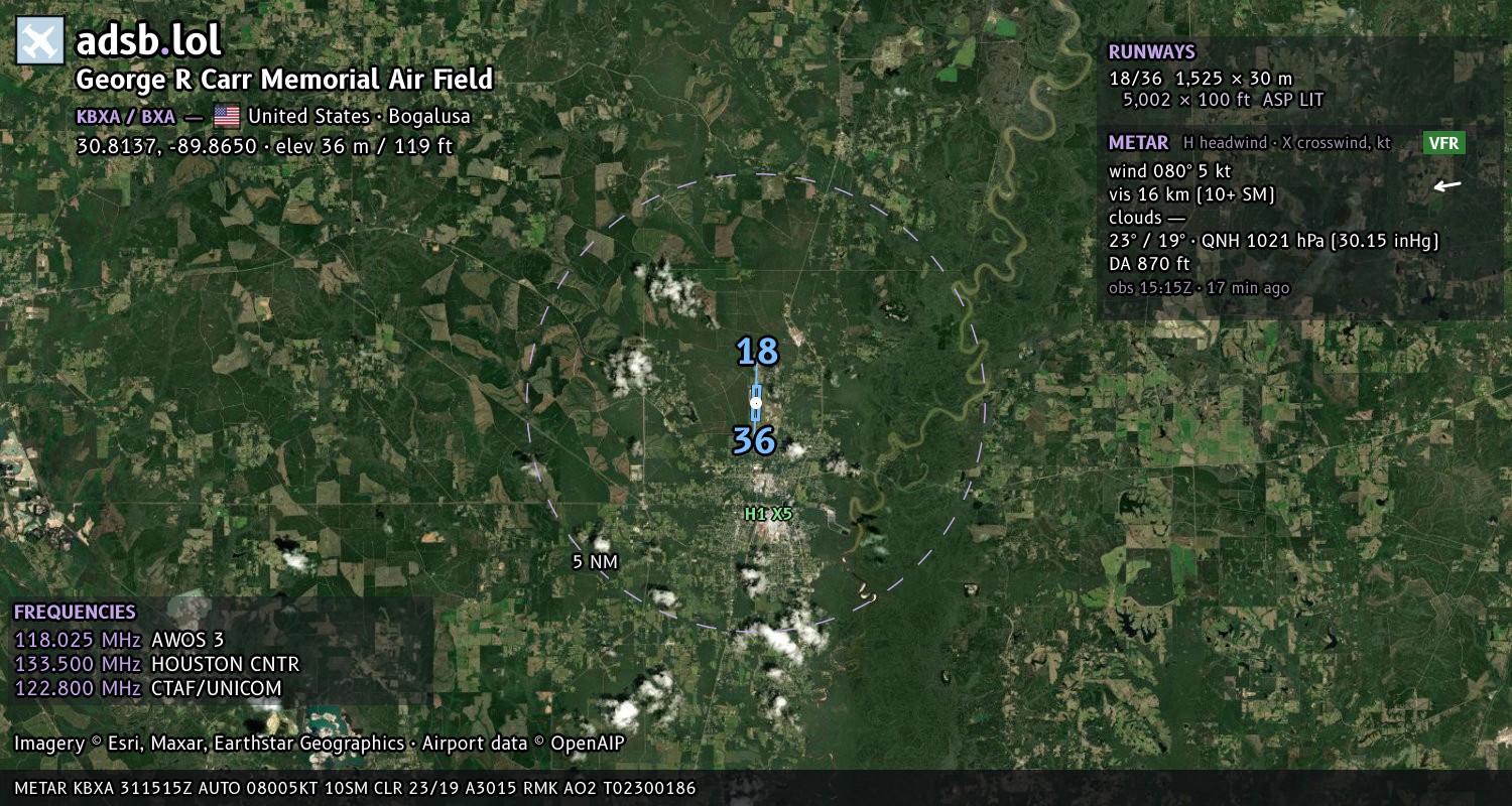 Satellite map with the runway layout of George R Carr Memorial Air Field (KBXA)