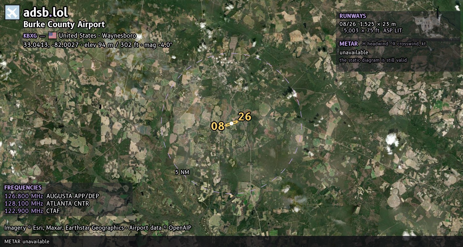 Satellite map with the runway layout of Burke County Airport (KBXG)