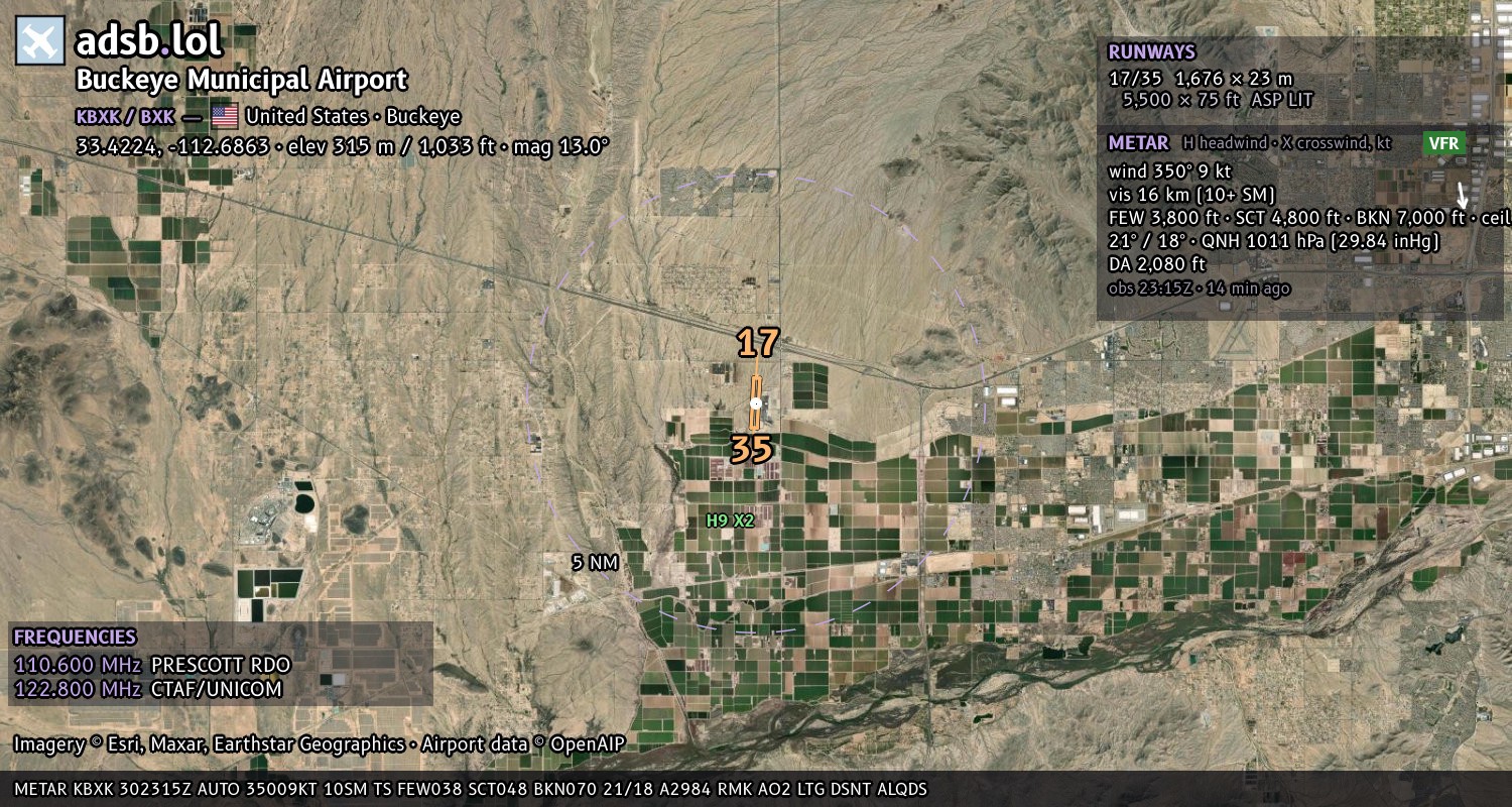 Satellite map with the runway layout of Buckeye Municipal Airport (KBXK)