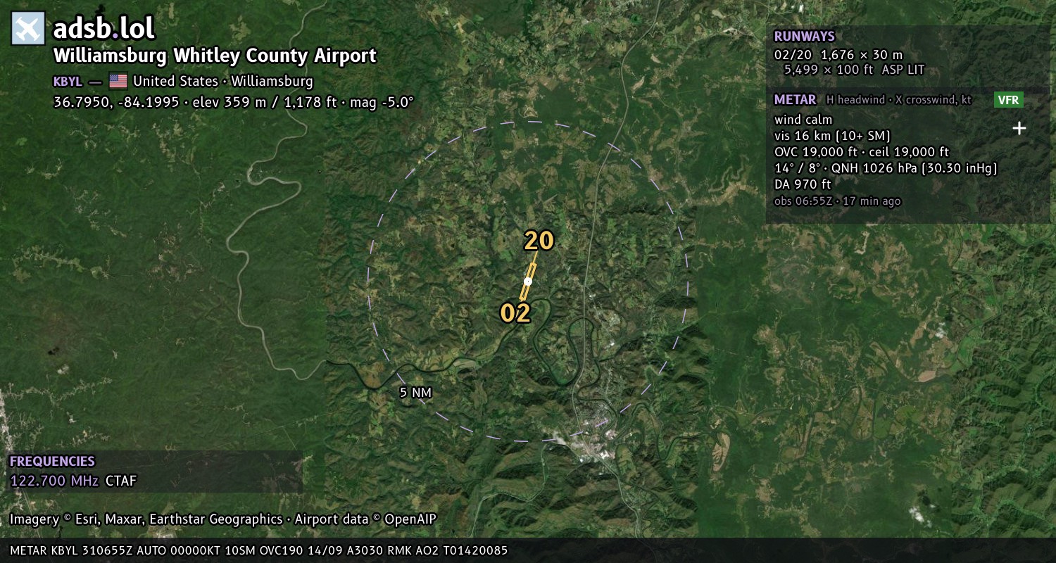 Satellite map with the runway layout of Williamsburg Whitley County Airport (KBYL)