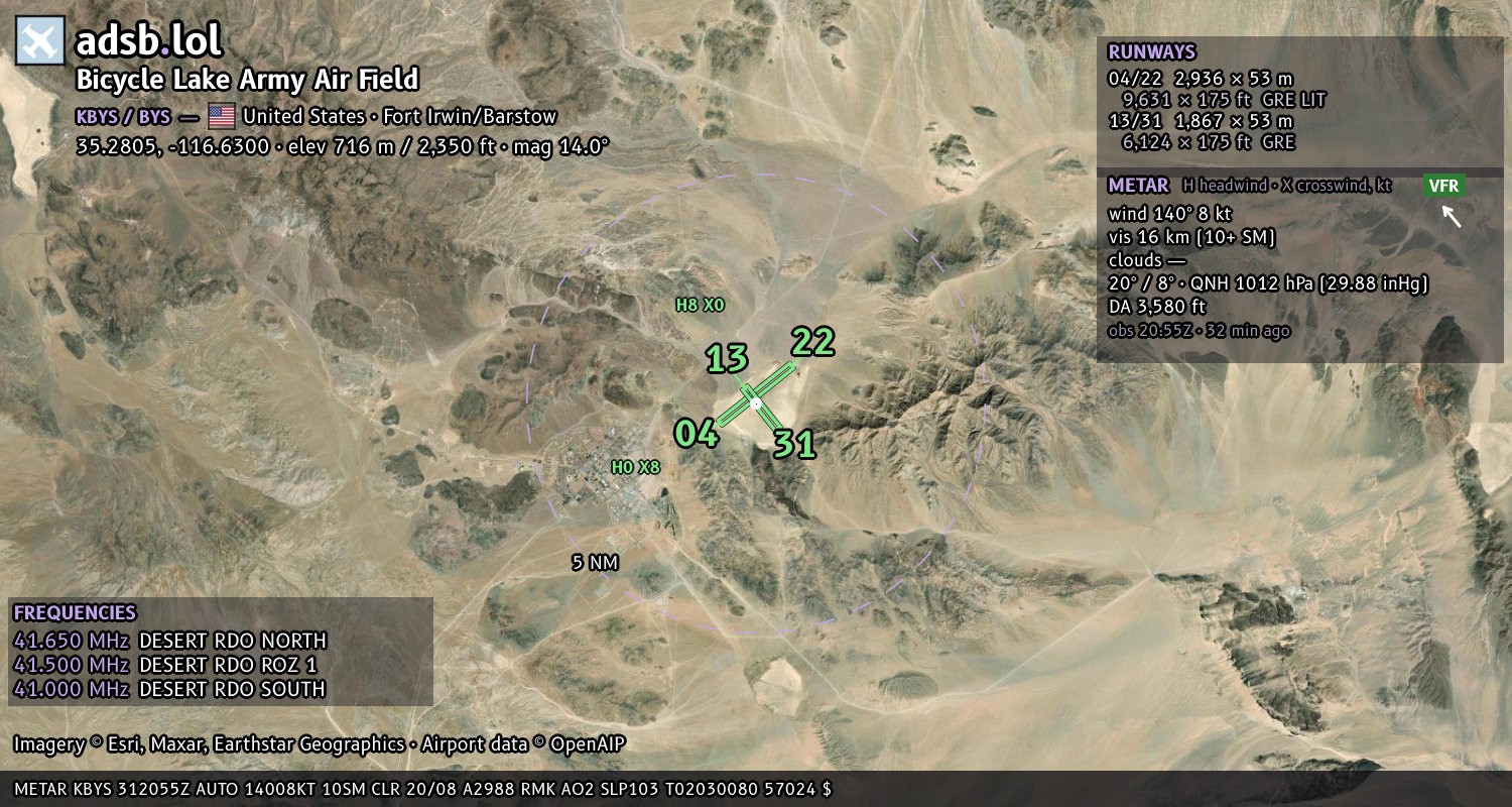 Satellite map with the runway layout of Bicycle Lake Army Air Field (KBYS)