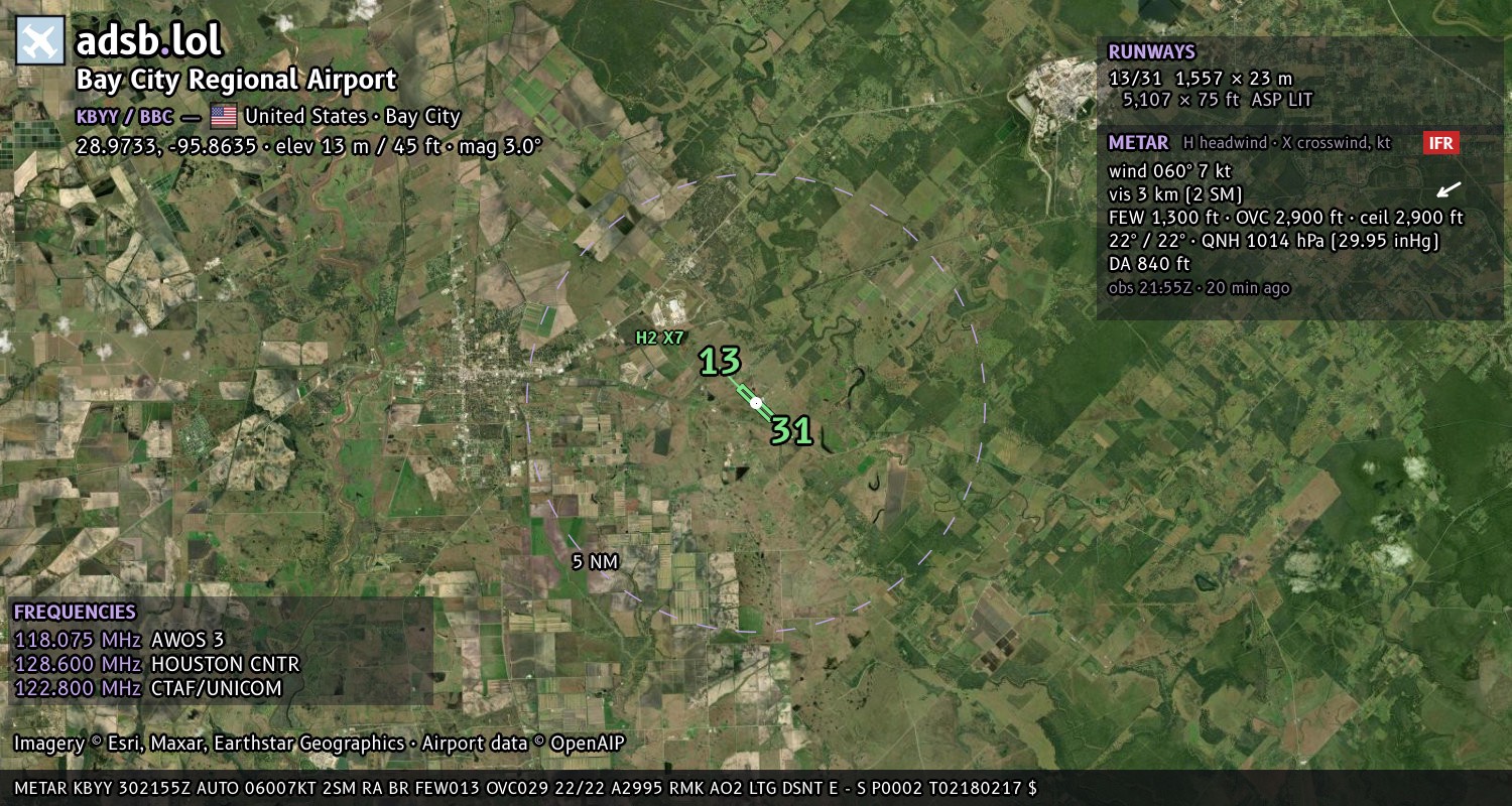 Satellite map with the runway layout of Bay City Regional Airport (KBYY)