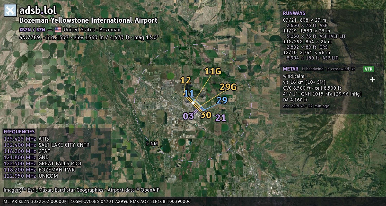 Satellite map with the runway layout of Bozeman Yellowstone International Airport (KBZN)