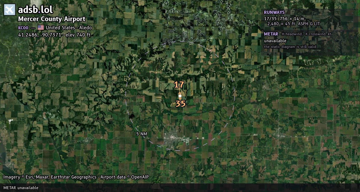 Satellite map with the runway layout of Mercer County Airport (KC00)