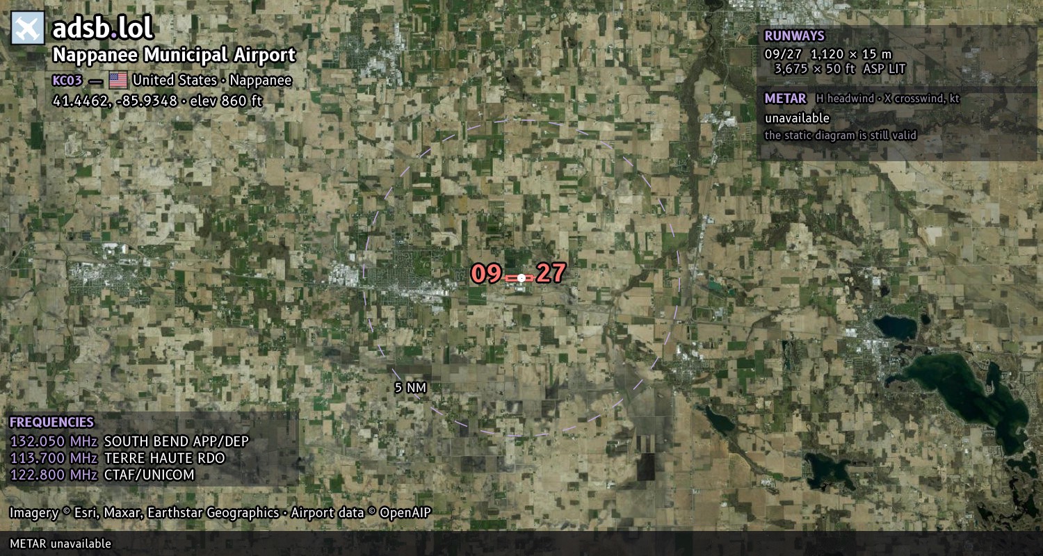 Satellite map with the runway layout of Nappanee Municipal Airport (KC03)