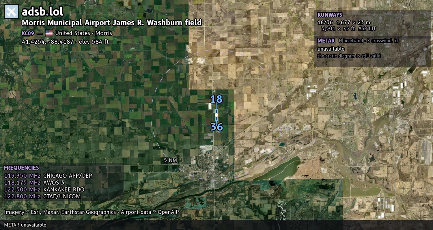 Satellite map with the runway layout of Morris Municipal Airport James R. Washburn field (KC09)