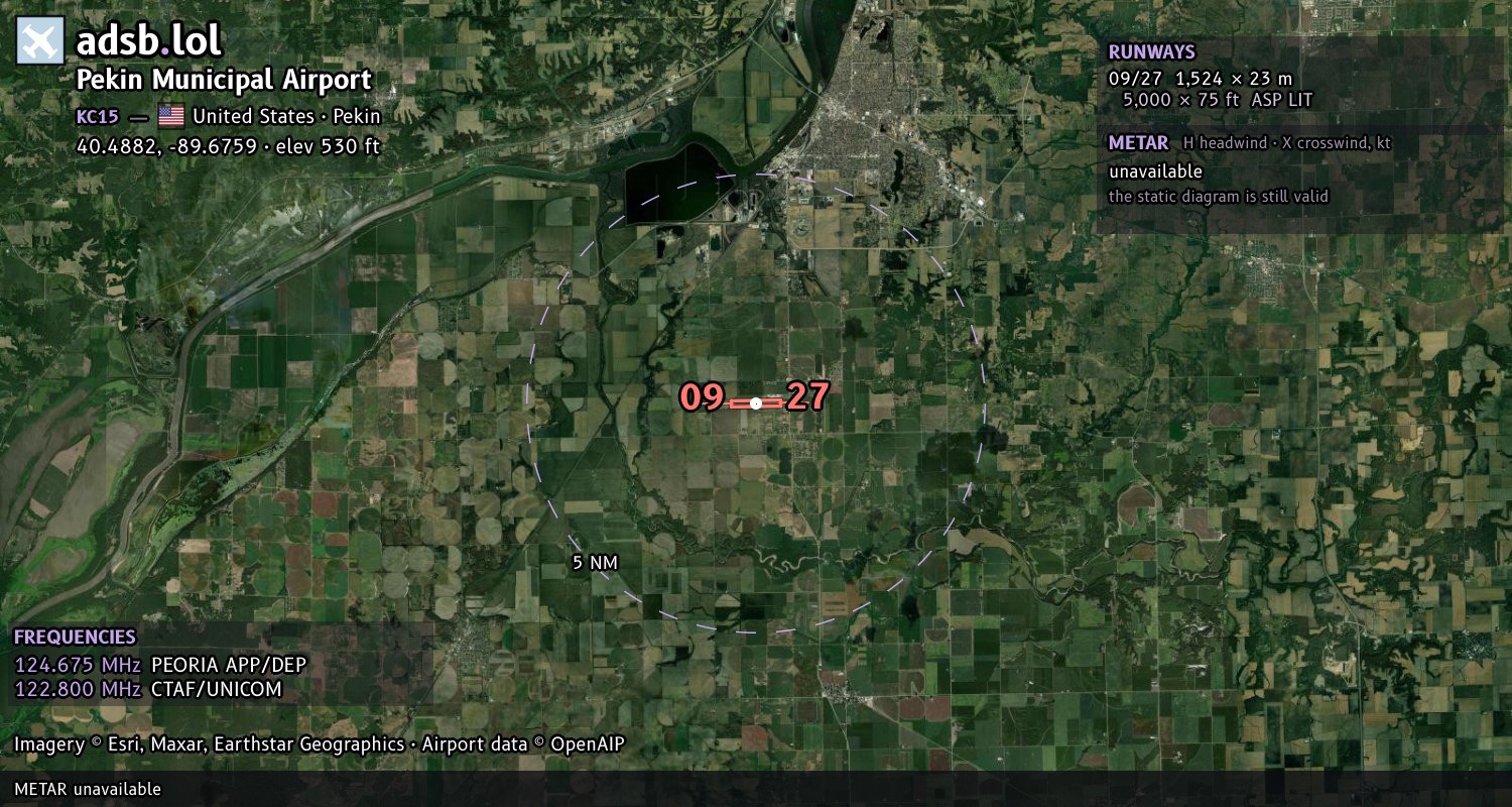 Satellite map with the runway layout of Pekin Municipal Airport (KC15)