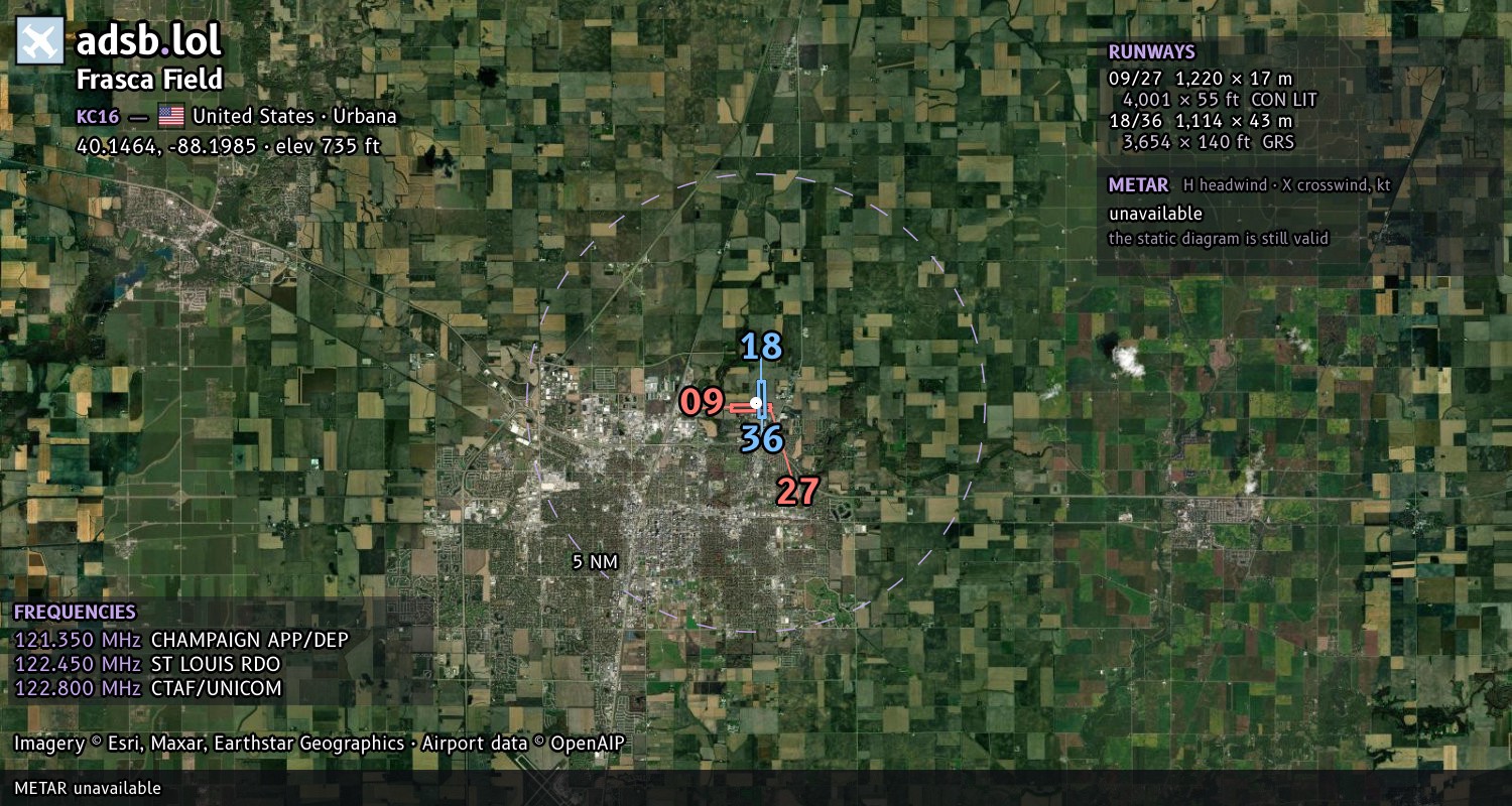 Satellite map with the runway layout of Frasca Field (KC16)