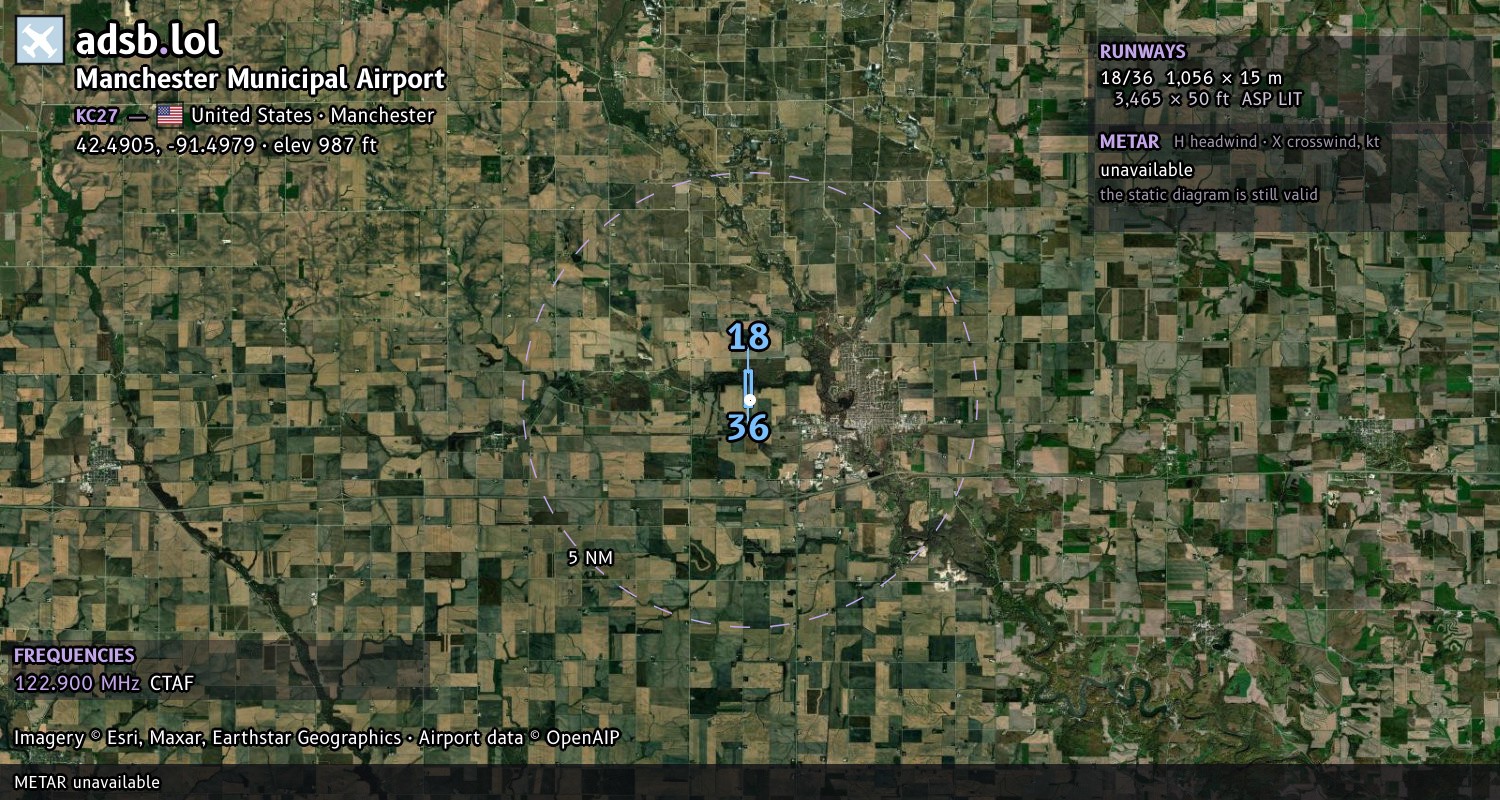 Satellite map with the runway layout of Manchester Municipal Airport (KC27)