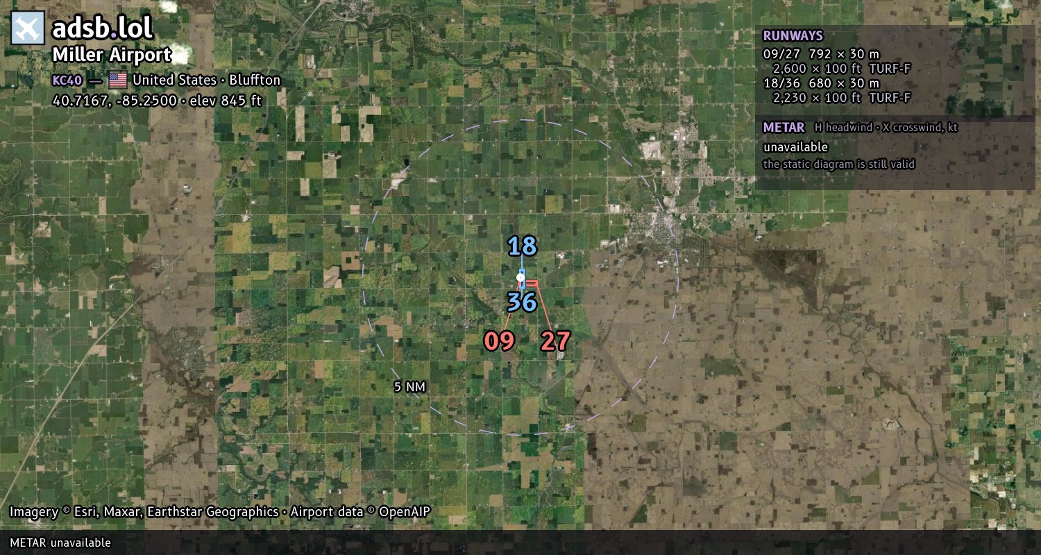 Satellite map with the runway layout of Miller Airport (KC40)