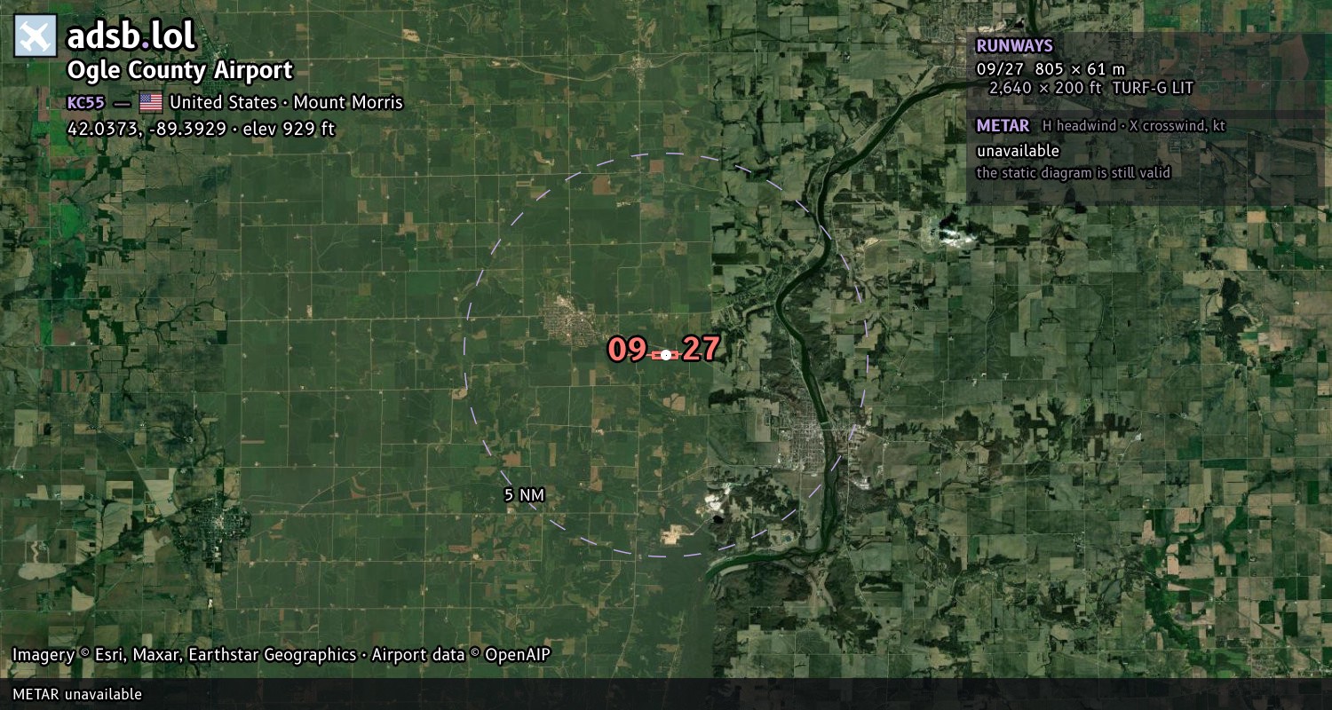Satellite map with the runway layout of Ogle County Airport (KC55)