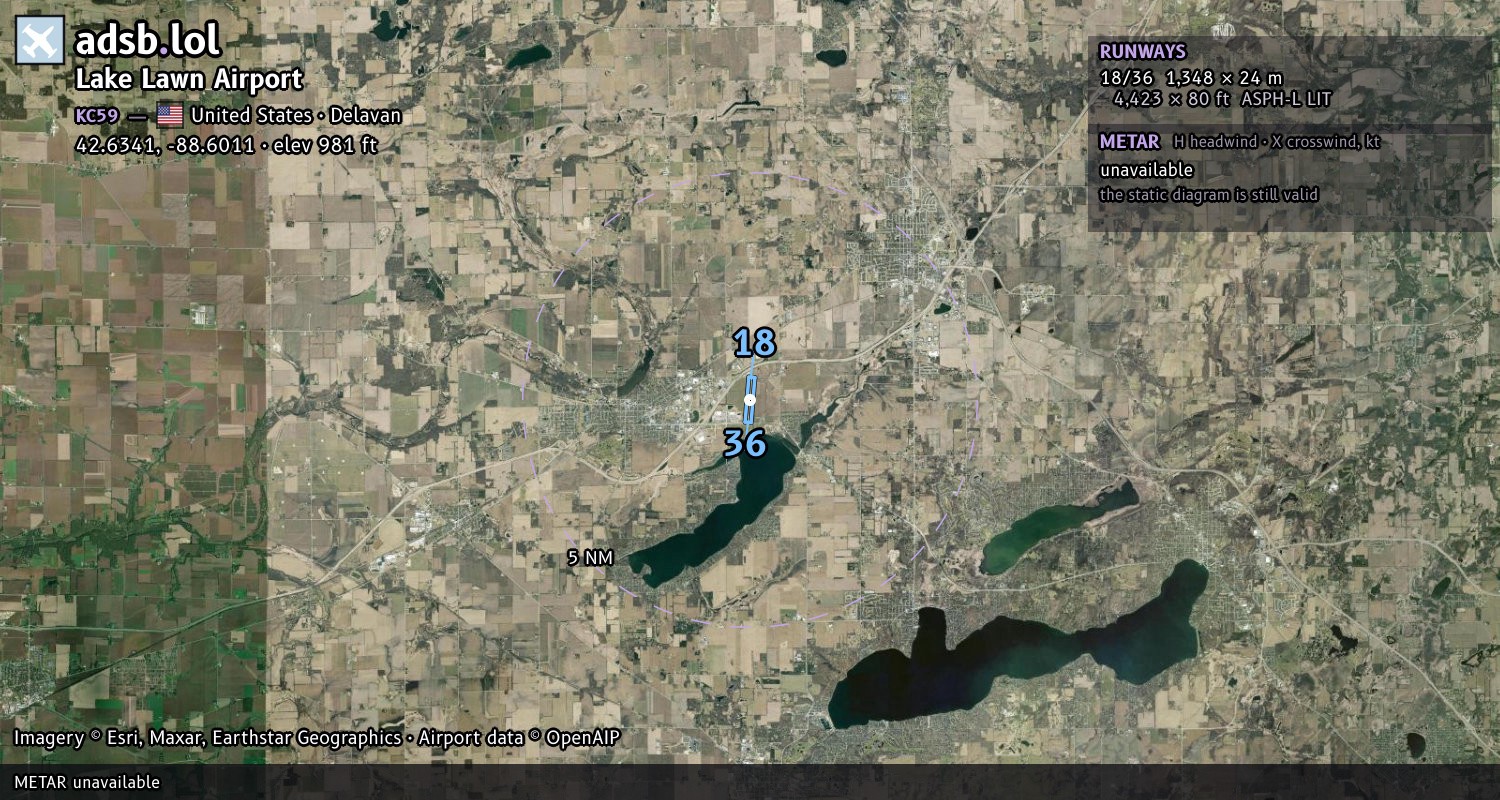 Satellite map with the runway layout of Lake Lawn Airport (KC59)
