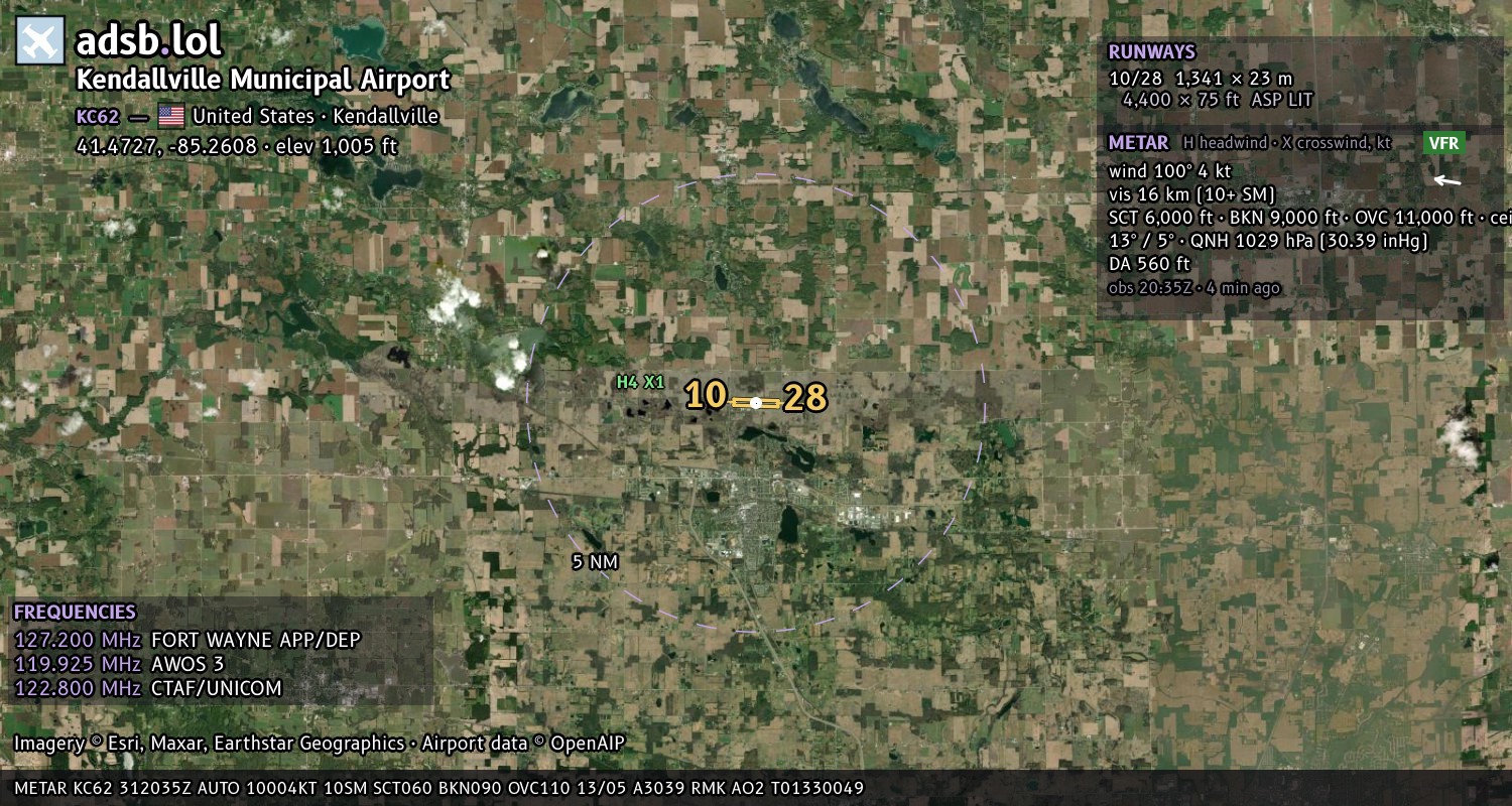 Satellite map with the runway layout of Kendallville Municipal Airport (KC62)