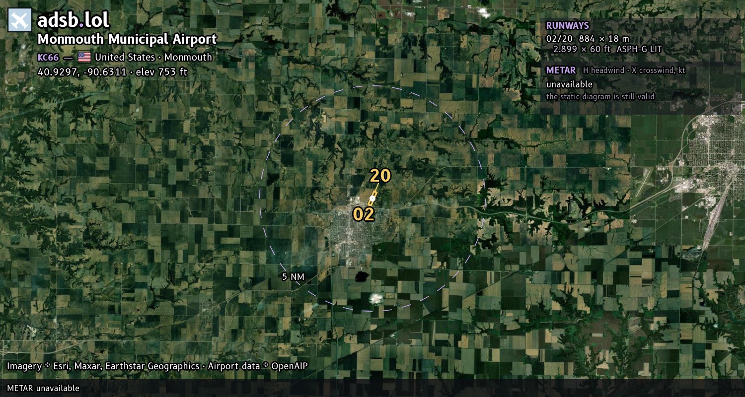Satellite map with the runway layout of Monmouth Municipal Airport (KC66)
