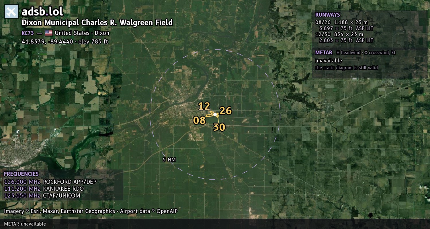 Satellite map with the runway layout of Dixon Municipal Charles R. Walgreen Field (KC73)