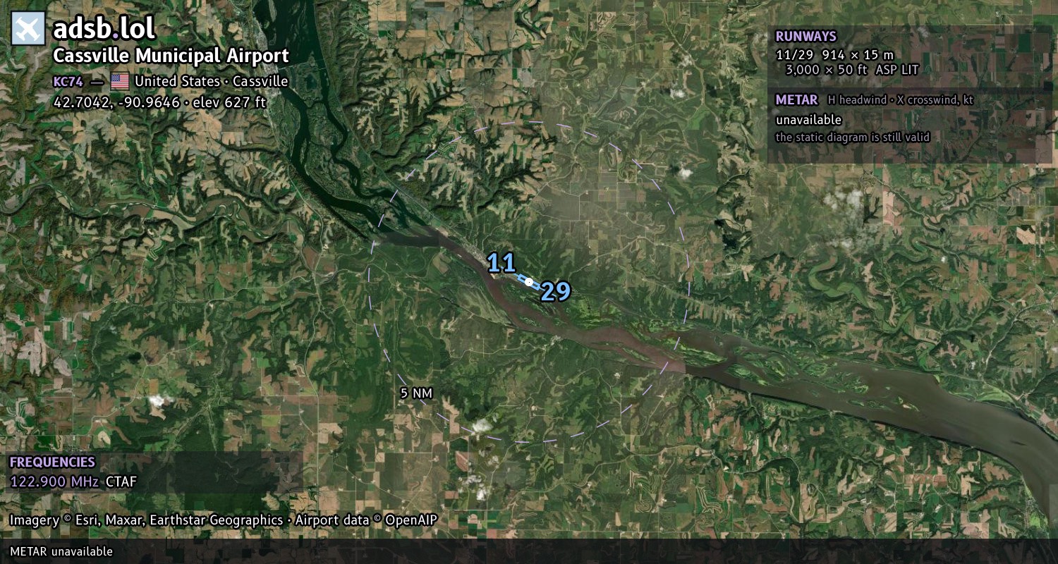 Satellite map with the runway layout of Cassville Municipal Airport (KC74)
