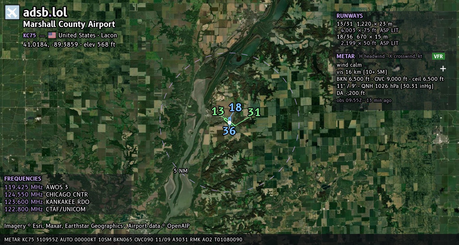Satellite map with the runway layout of Marshall County Airport (KC75)