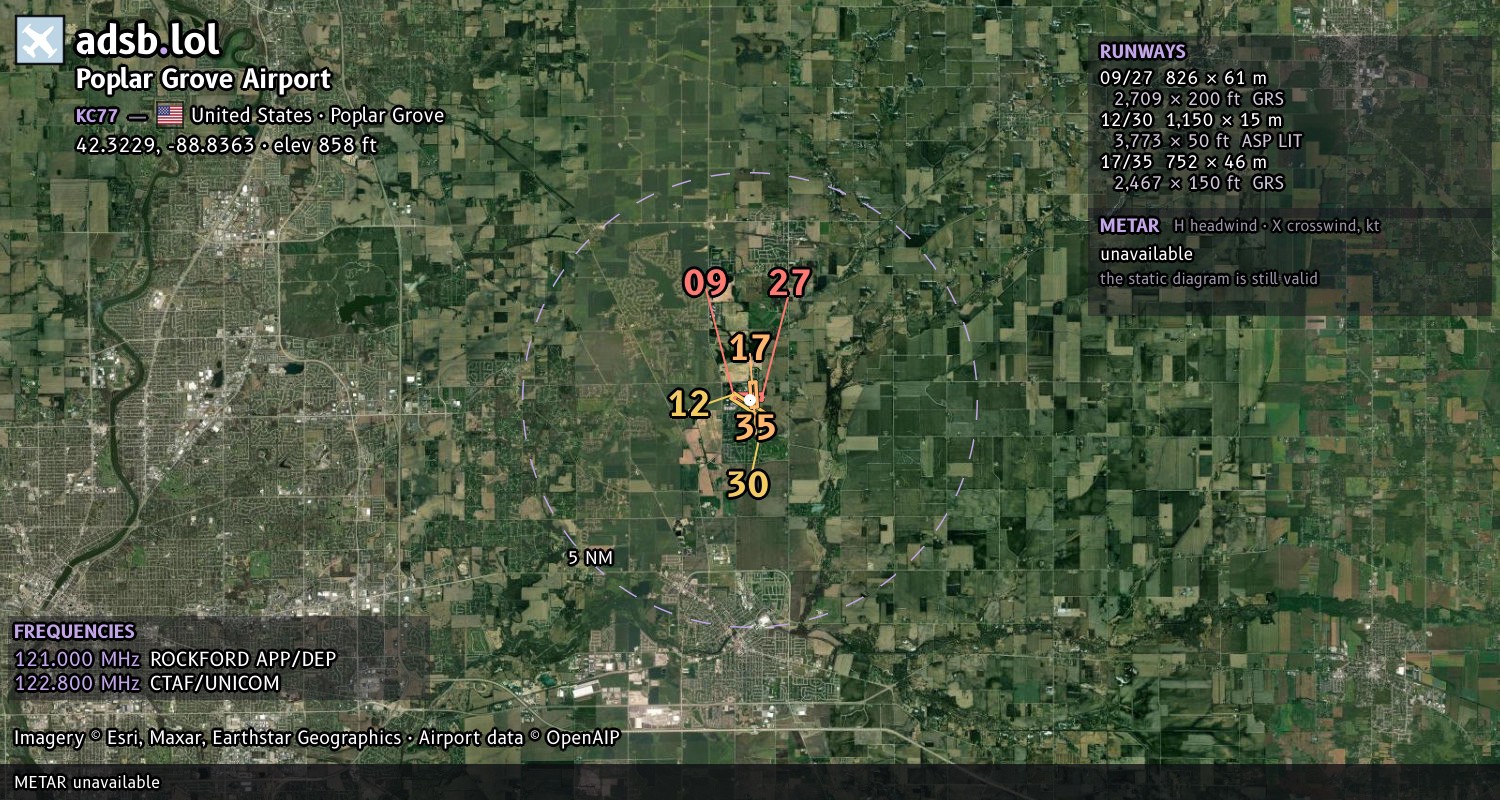 Satellite map with the runway layout of Poplar Grove Airport (KC77)