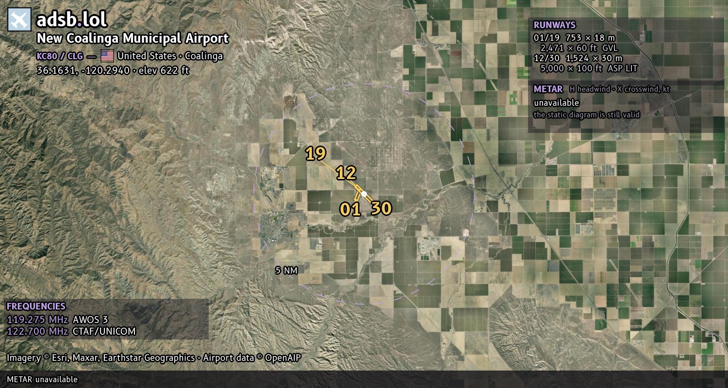Satellite map with the runway layout of New Coalinga Municipal Airport (KC80)