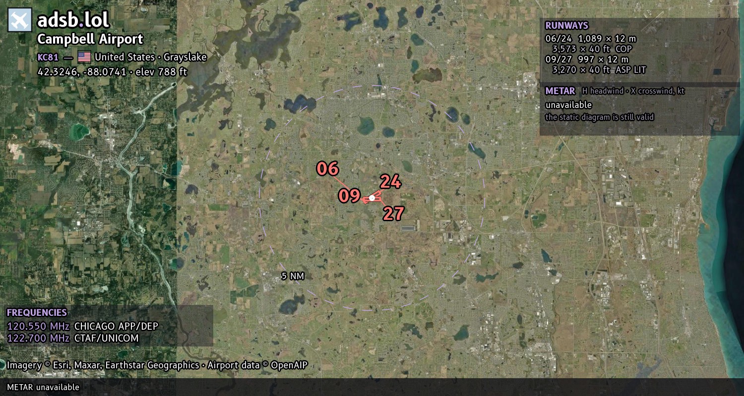 Satellite map with the runway layout of Campbell Airport (KC81)