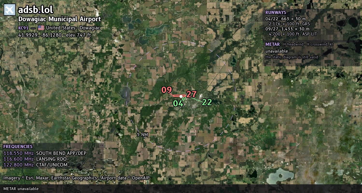 Satellite map with the runway layout of Dowagiac Municipal Airport (KC91)