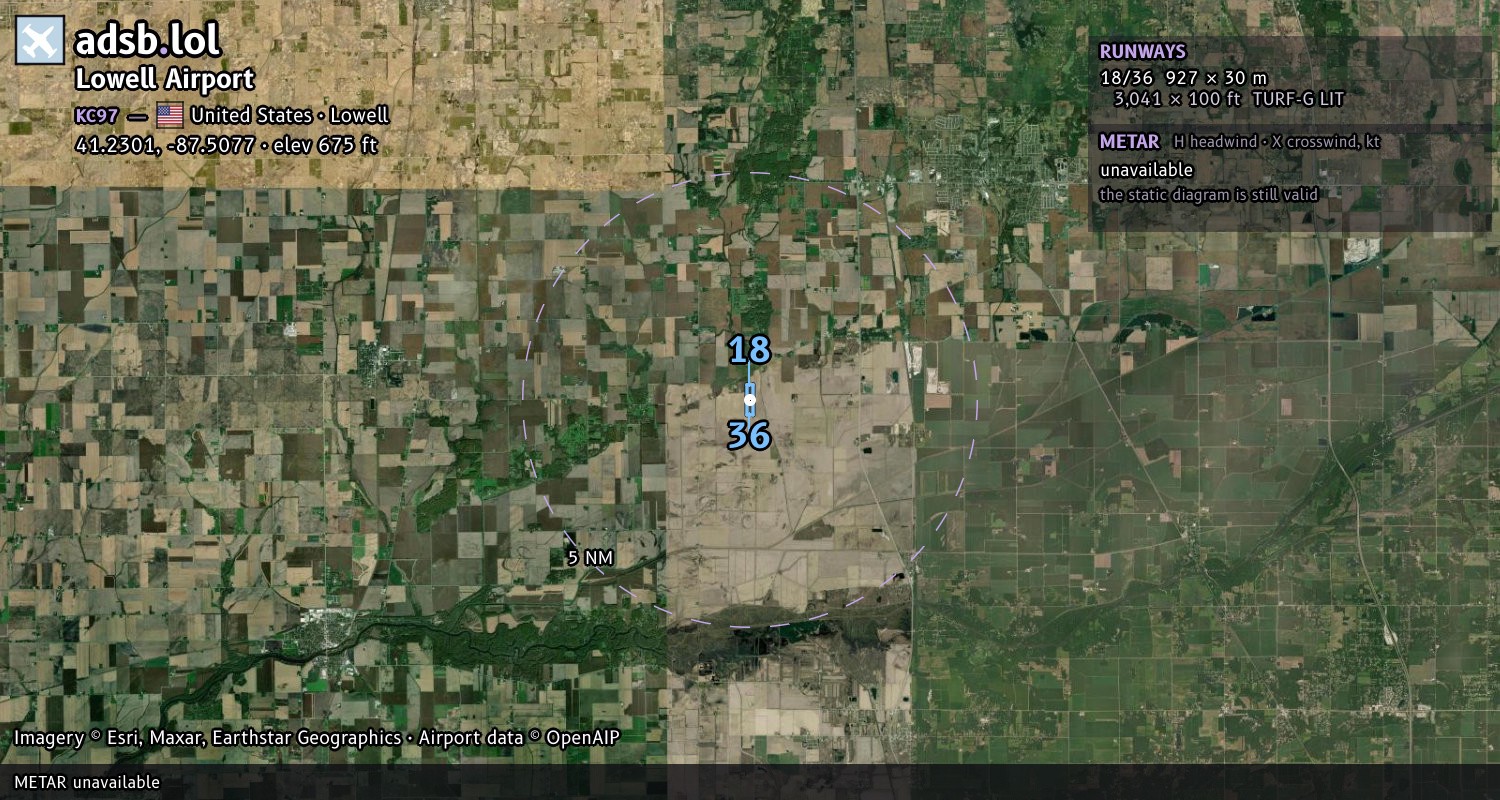 Satellite map with the runway layout of Lowell Airport (KC97)