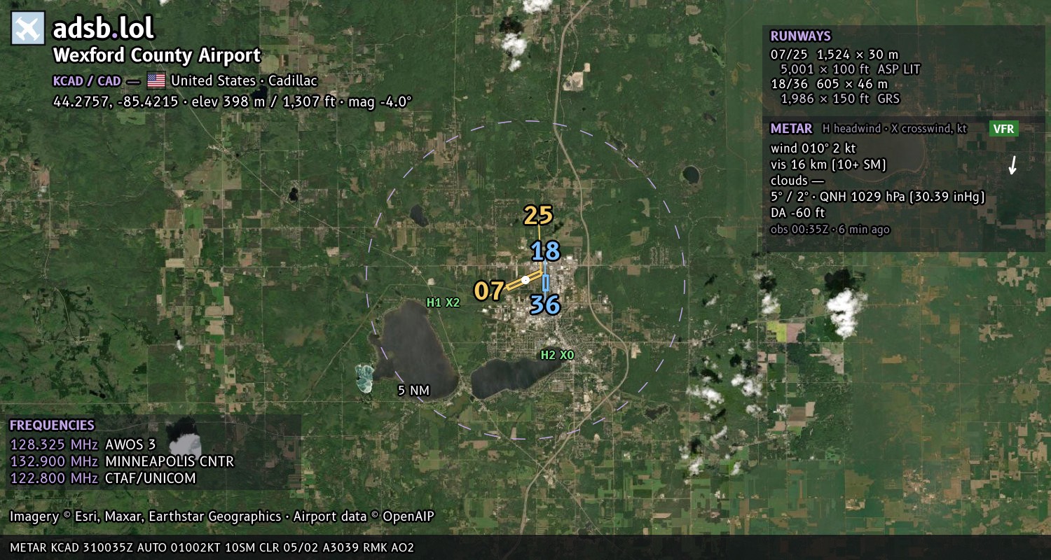 Satellite map with the runway layout of Wexford County Airport (KCAD)