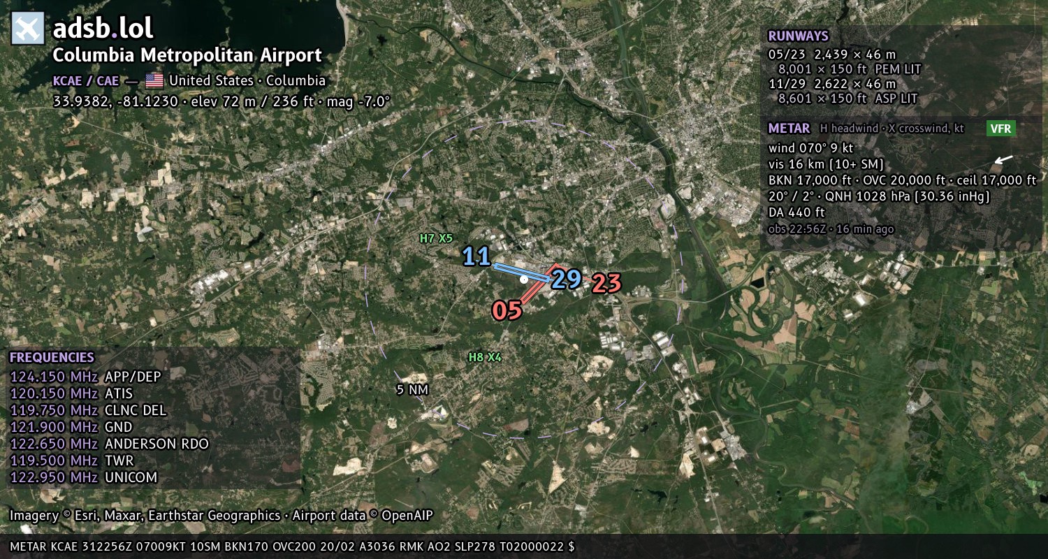 Satellite map with the runway layout of Columbia Metropolitan Airport (KCAE)