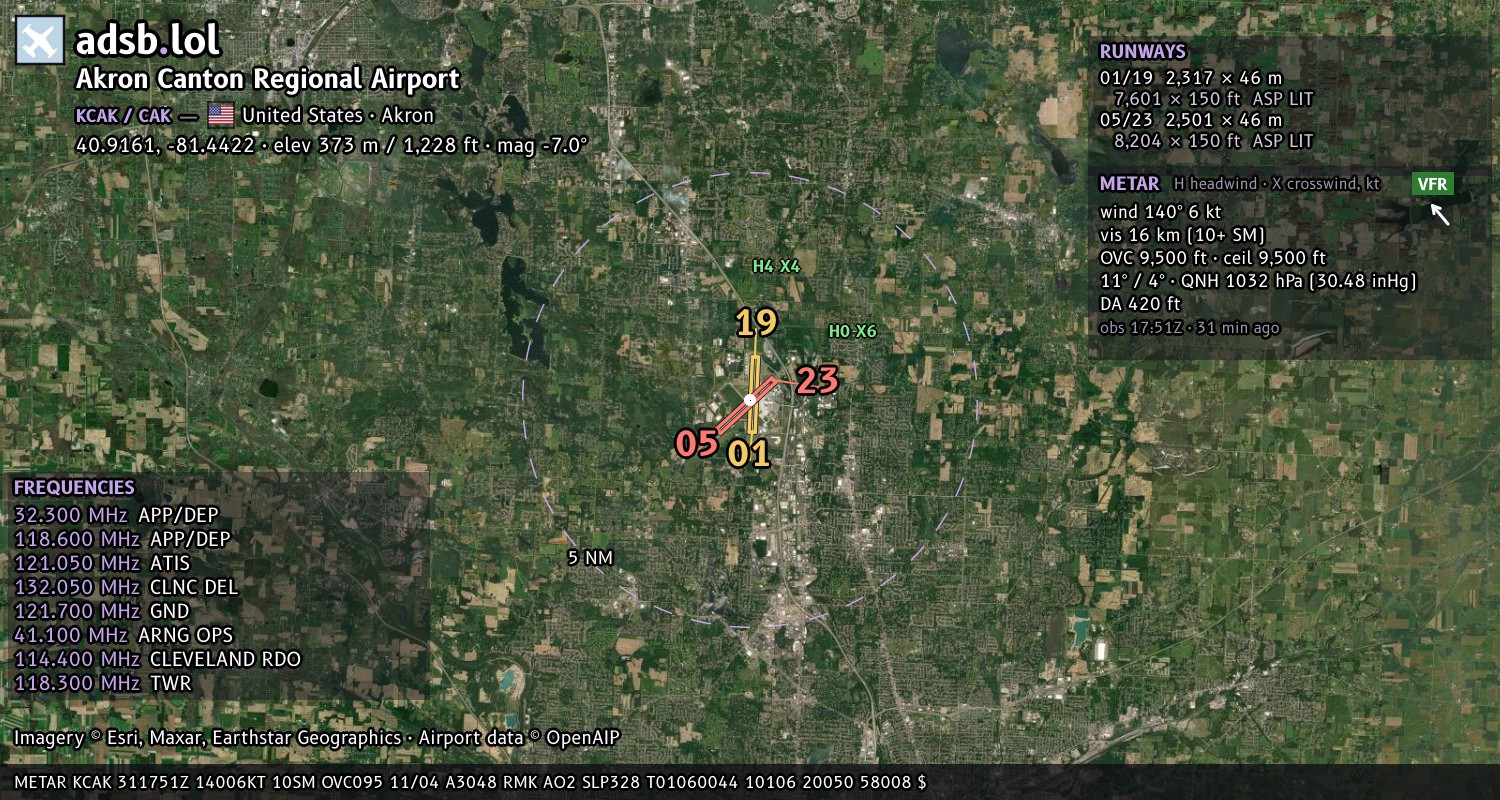Satellite map with the runway layout of Akron Canton Regional Airport (KCAK)
