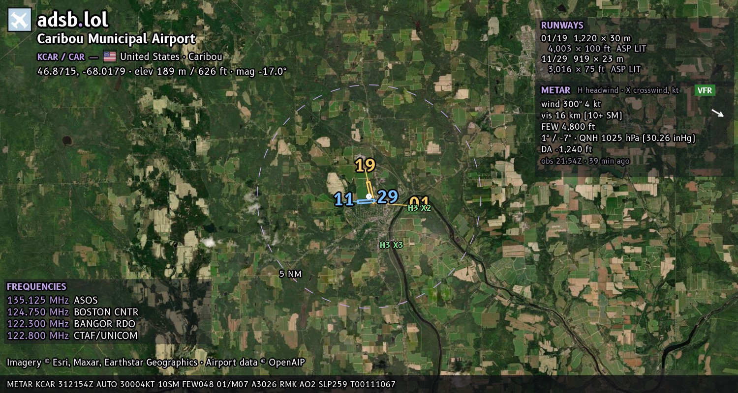 Satellite map with the runway layout of Caribou Municipal Airport (KCAR)