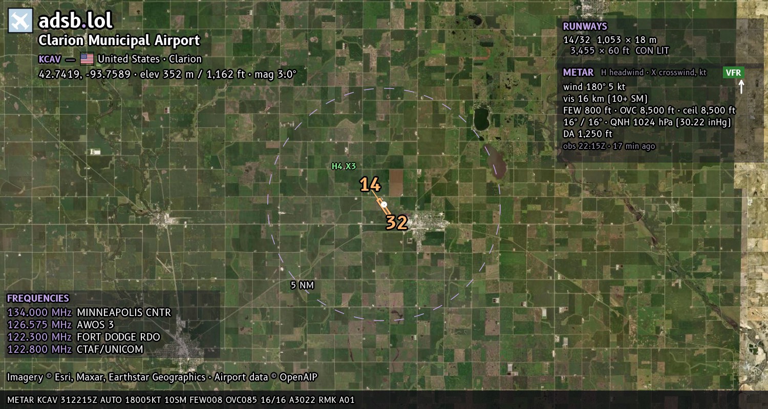 Satellite map with the runway layout of Clarion Municipal Airport (KCAV)