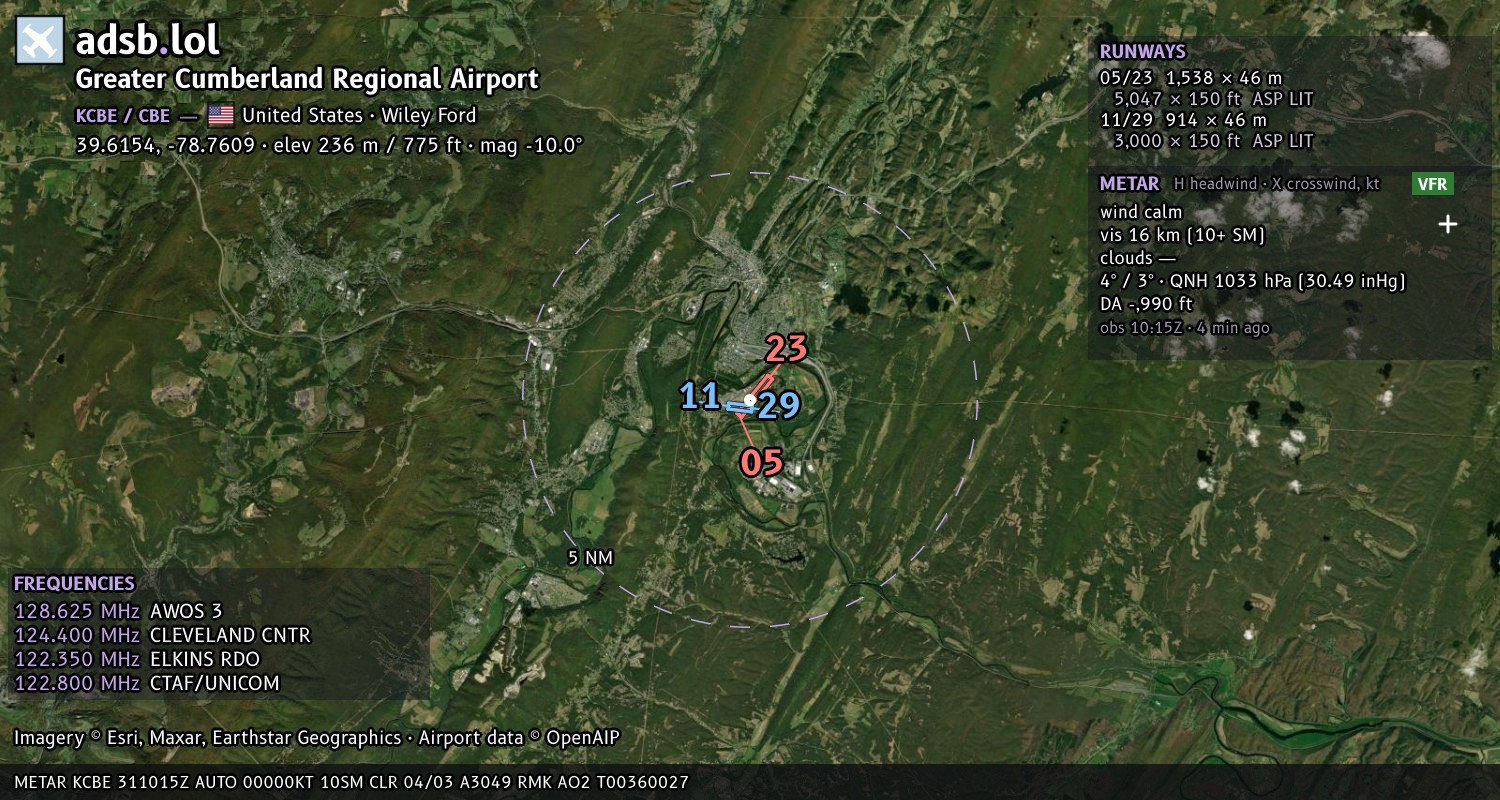 Satellite map with the runway layout of Greater Cumberland Regional Airport (KCBE)