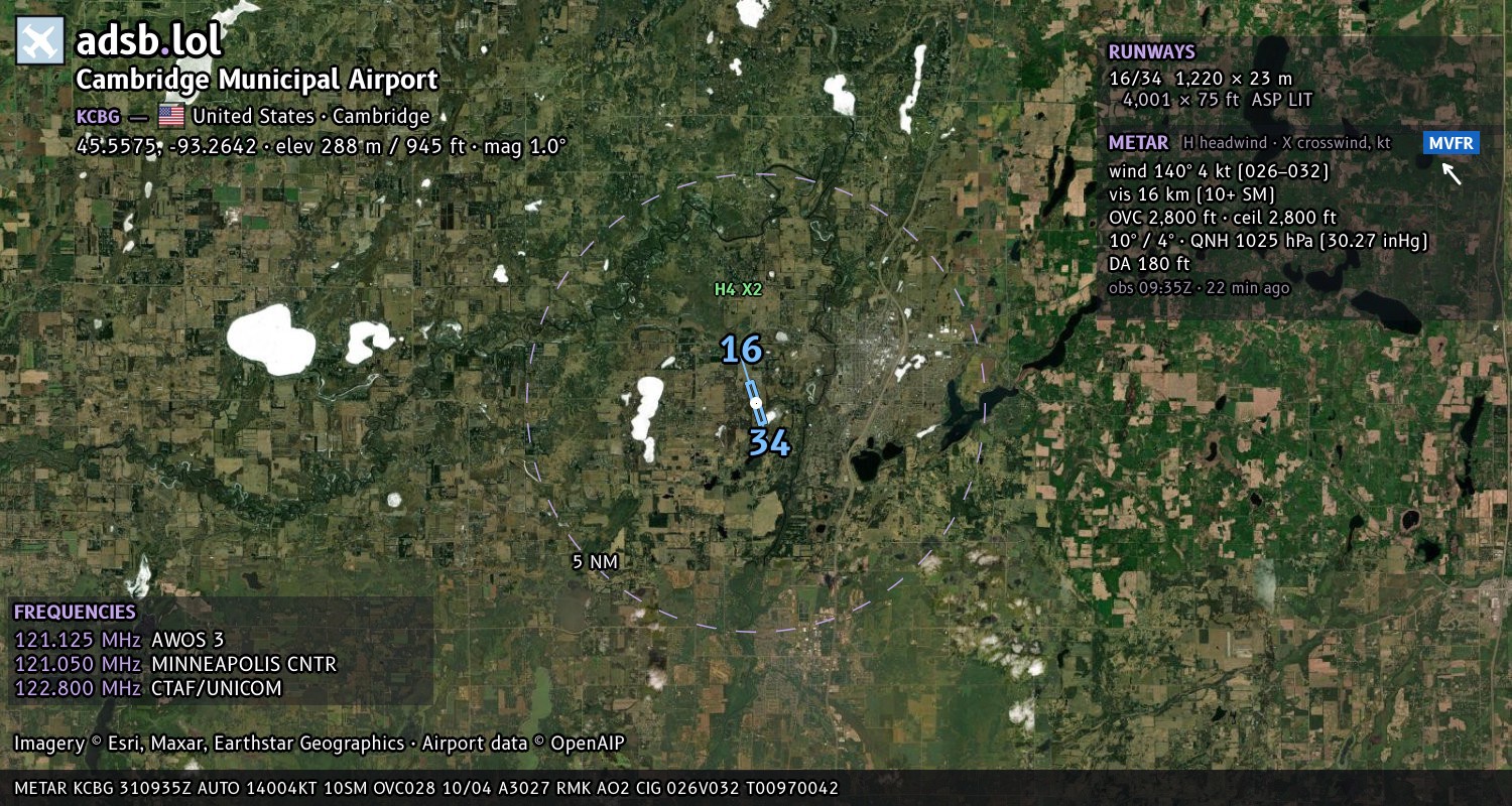 Satellite map with the runway layout of Cambridge Municipal Airport (KCBG)