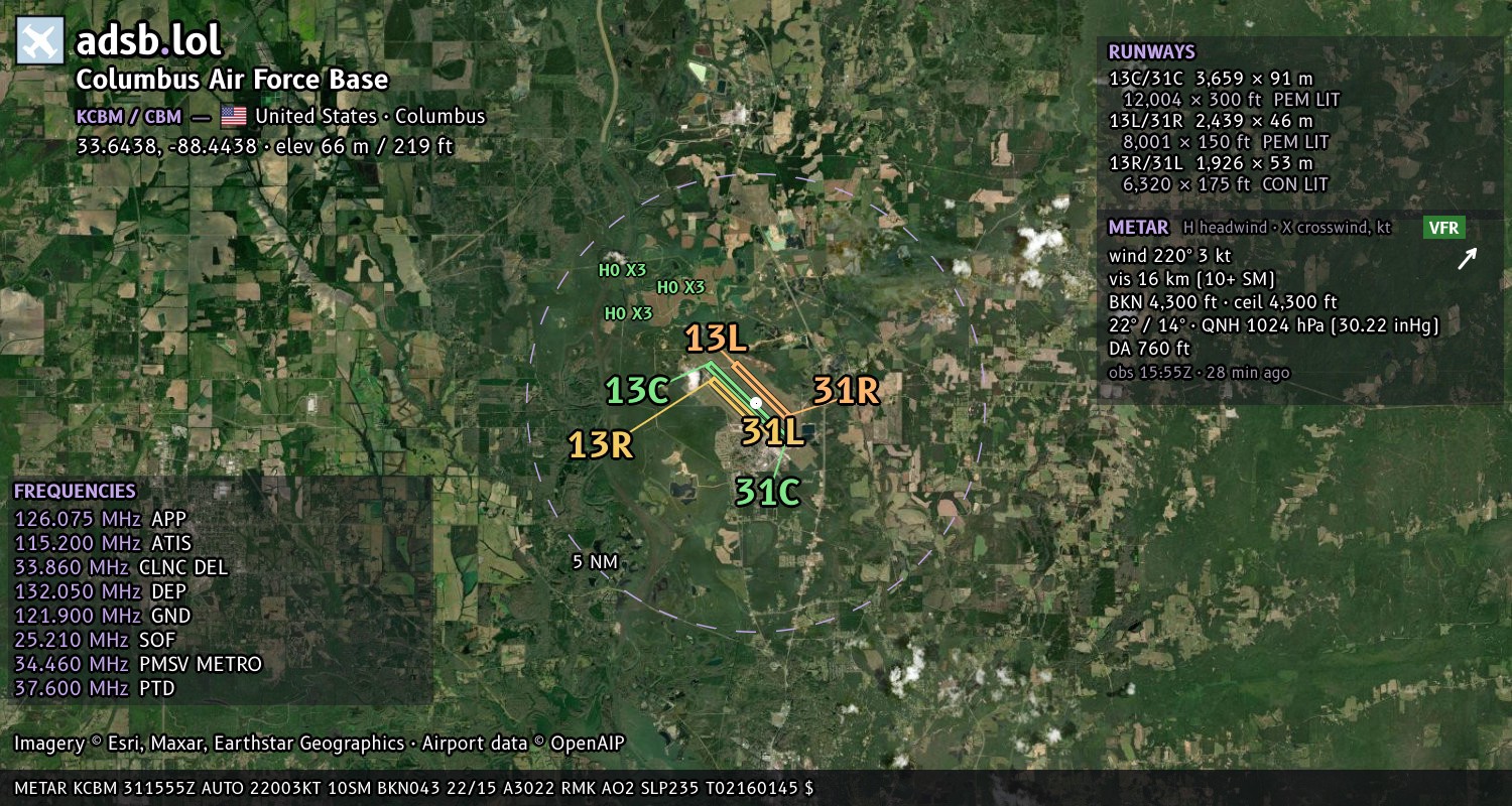 Satellite map with the runway layout of Columbus Air Force Base (KCBM)