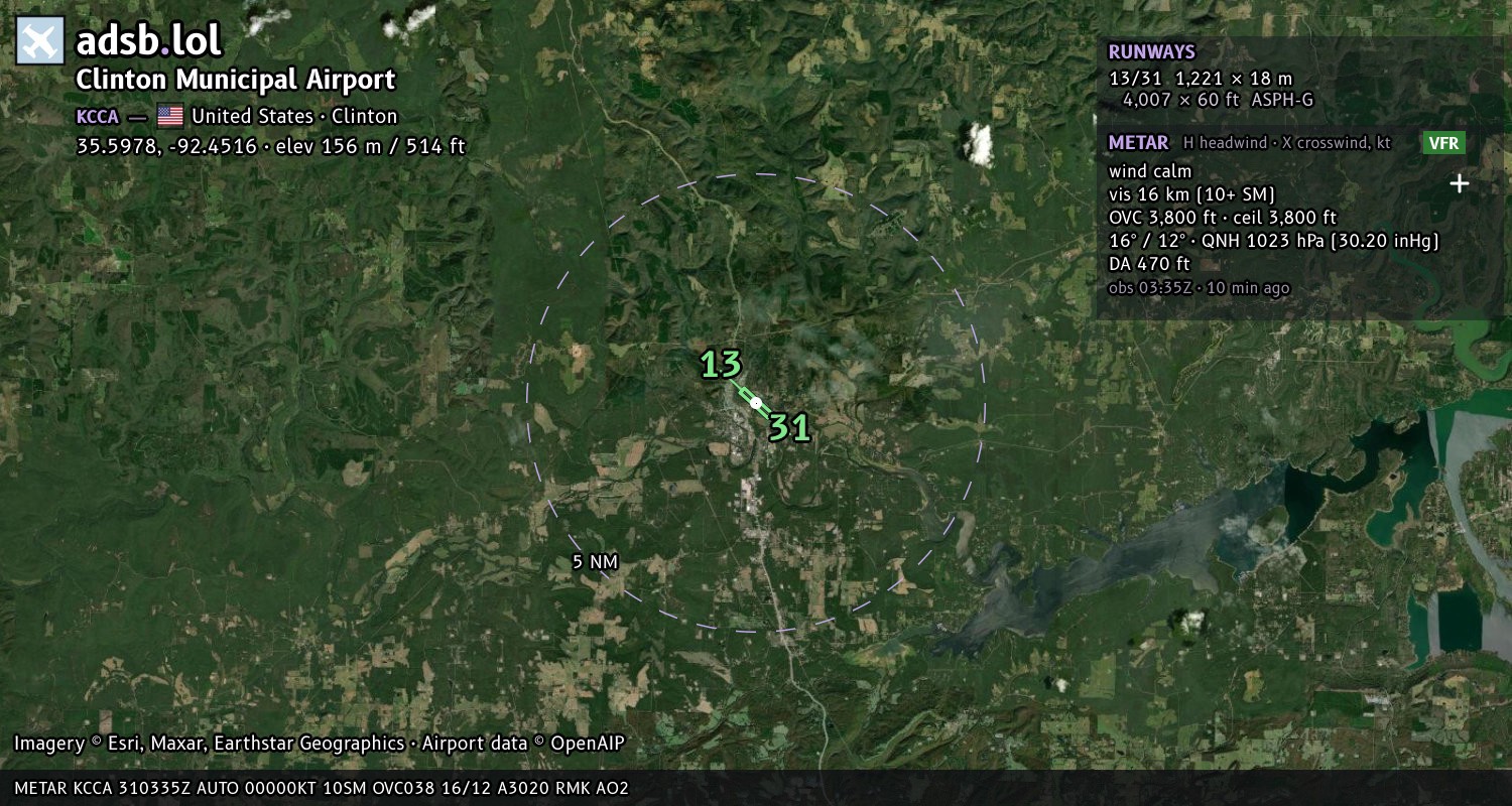 Satellite map with the runway layout of Clinton Municipal Airport (KCCA)
